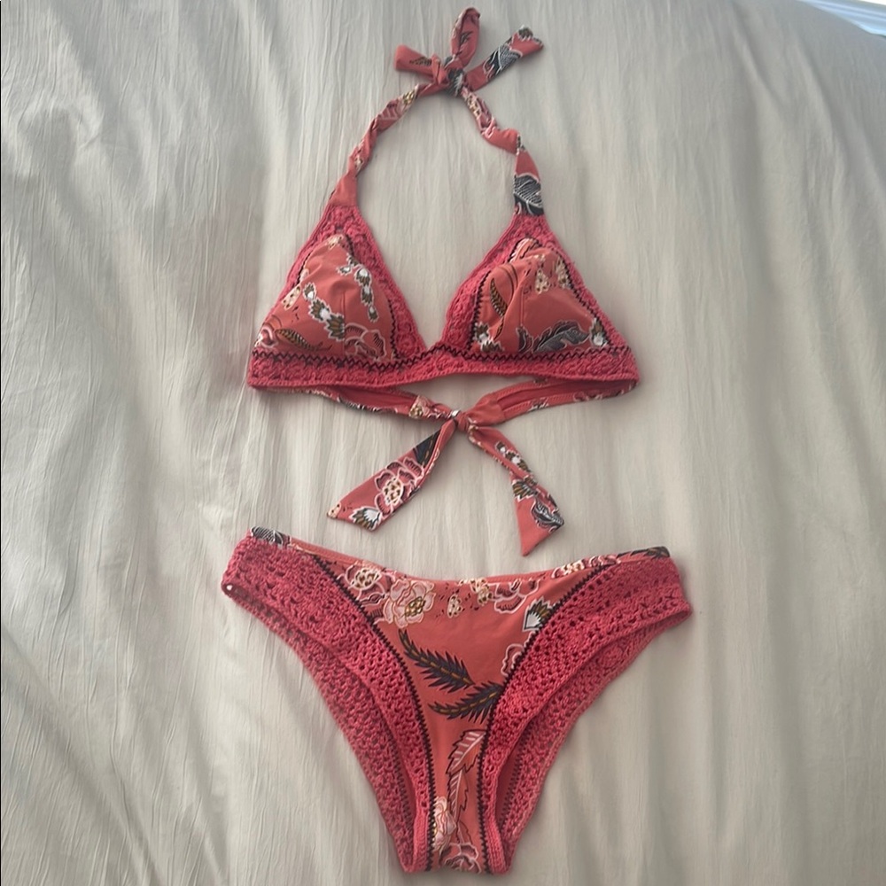 Zingara Pink Floral Bikini Set with Crochet Trim